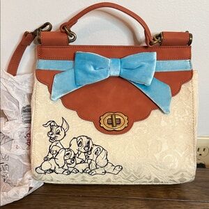 DISNEY LOUNGEFLY Elegant Tan and Cream Satchel with Blue Bow